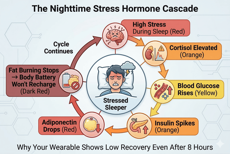 Stress hormone cycle preventing body battery recharge during sleep