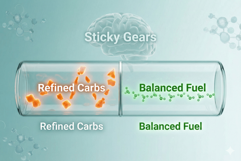 3D infographic comparing blood sugar spikes from refined carbs vs stable energy from balanced meals.
