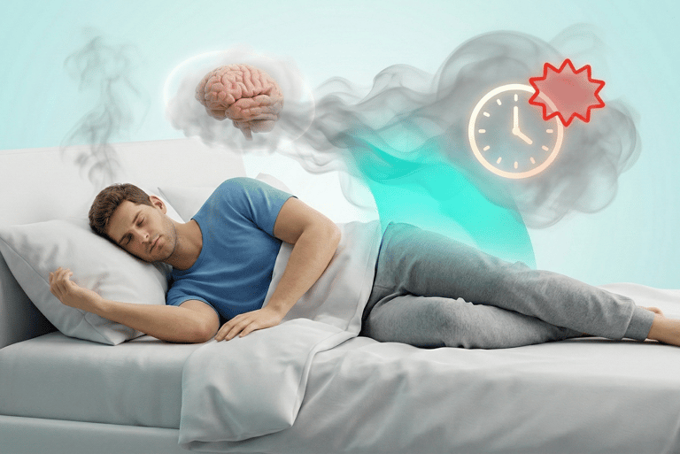 3D conceptual medical illustration showing how poor sleep and stress worsen metabolic brain fog.