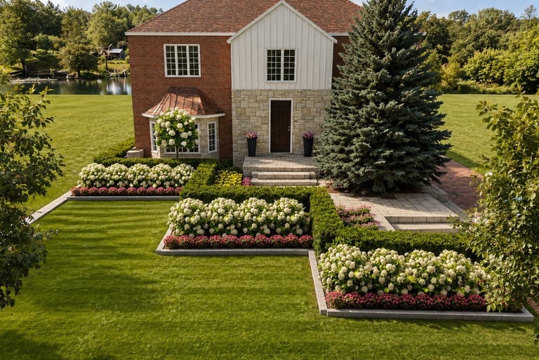 Professional landscaping with white hydrangea flower beds and manicured lawn for a brick home.
