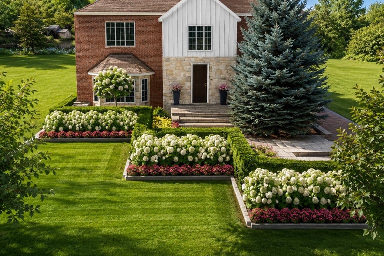 Luxury Toronto front yard landscape design with manicured lawn, white hydrangeas, stone walkway, and formal garden beds