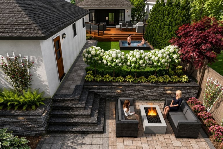 Modern luxury backyard landscape design featuring a stone patio, gas fire pit, and garden with a swimming pool.