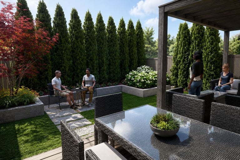 Modern backyard patio with wicker furniture, a glass dining table, and privacy hedges.