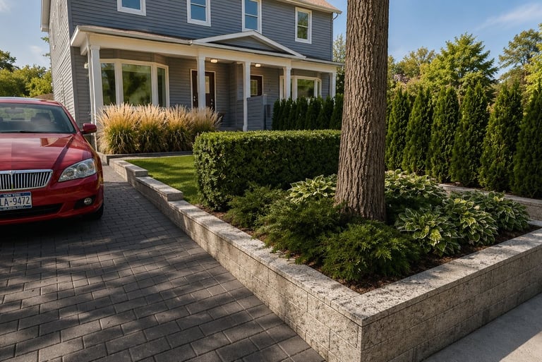 A modern interlocking stone driveway and tiered retaining wall landscaping with a red car parked in front of a blue house.