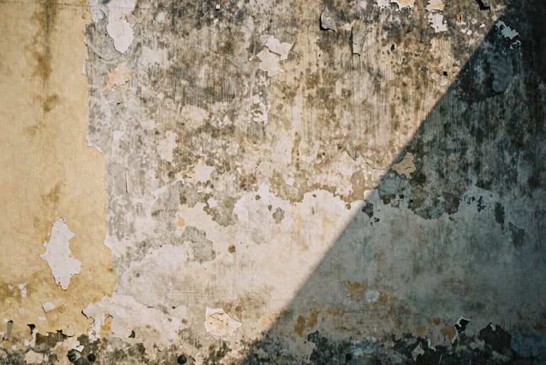 Close-up of a weathered, textured wall with peeling paint in a Vietnamese alley, harsh midday shadows, natural ambient light, muted realistic tones, high contrast, 35mm film grain, quiet candid composition.