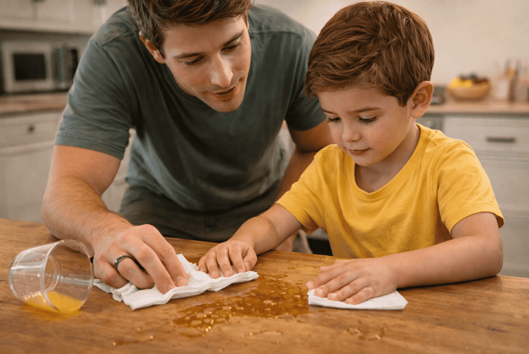 Father and son clean up spill