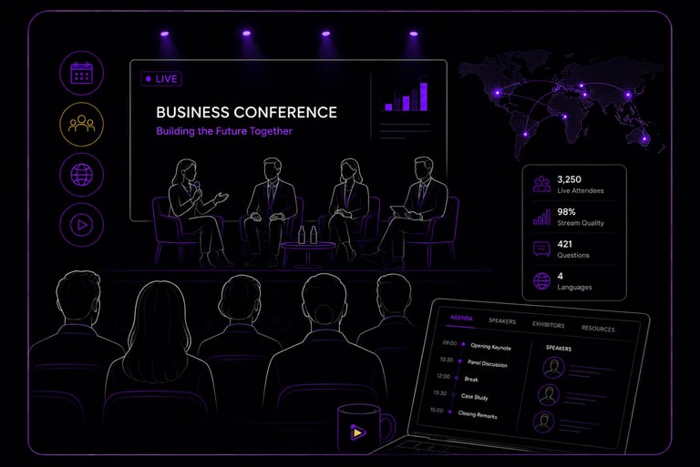 Illustration of a business conference livestream with panel speakers, audience silhouettes, agenda d