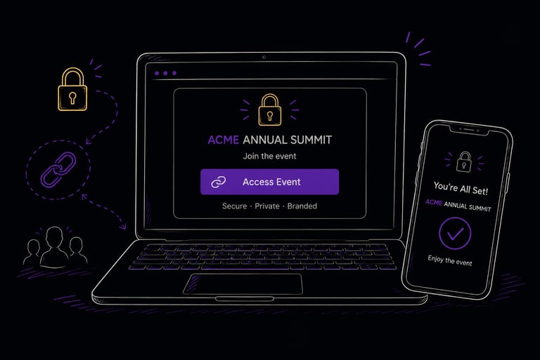 Illustration of a secure branded event access page on a laptop and mobile phone, showing private eve