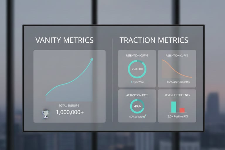 Comparison between vanity metrics and true traction metrics in a minimalist, investor-ready chart.