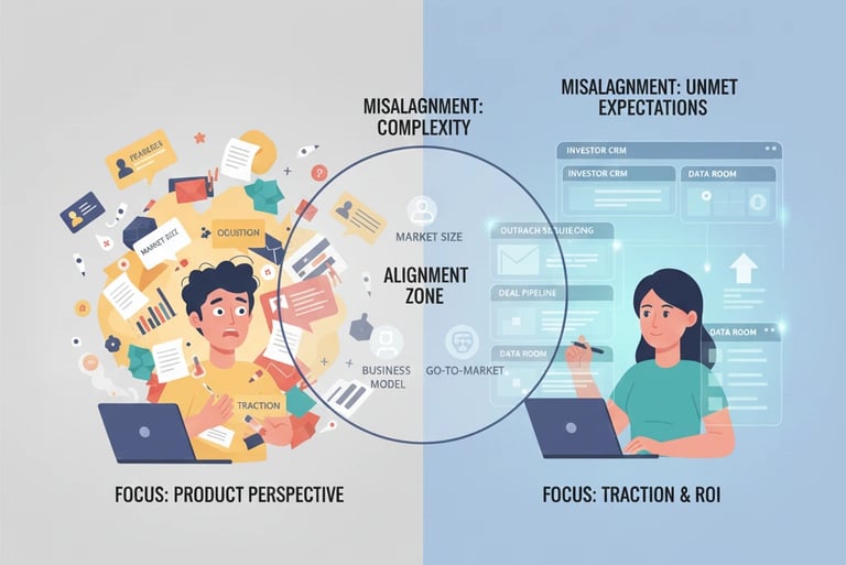 Graphic comparing how founders and investors view fundraising strategy differently.