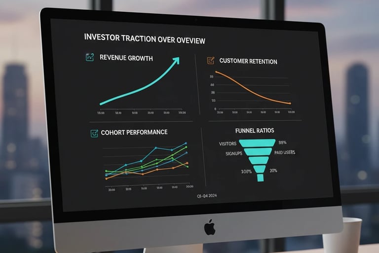 Set of clean traction visuals showing growth curves, retention, cohorts, and funnel metrics.