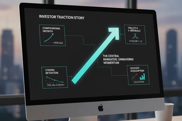 Simplified traction narrative visual showing how diverse metrics connect to one central growth story