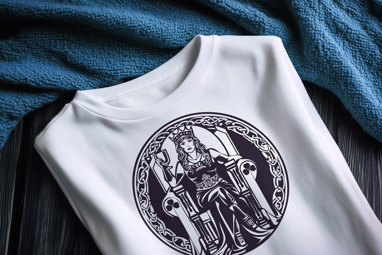 Un tee-shirt plié blanc avec un logo d'une Queen Maeve