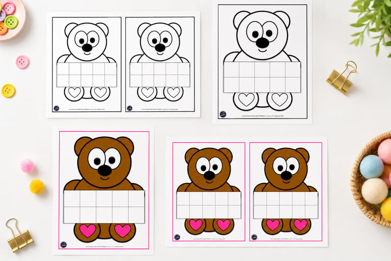 Printable bear ten-frame math worksheets for counting and preschool educational activities.