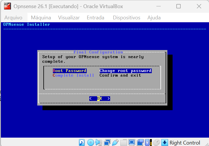 Prompt de comando do instalador do OPNsense solicitando a criação da nova senha de root