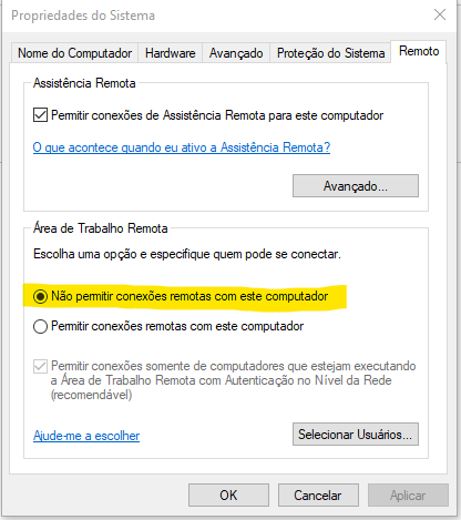 Controle de Acesso Remoto (RDP), desativado nas estações