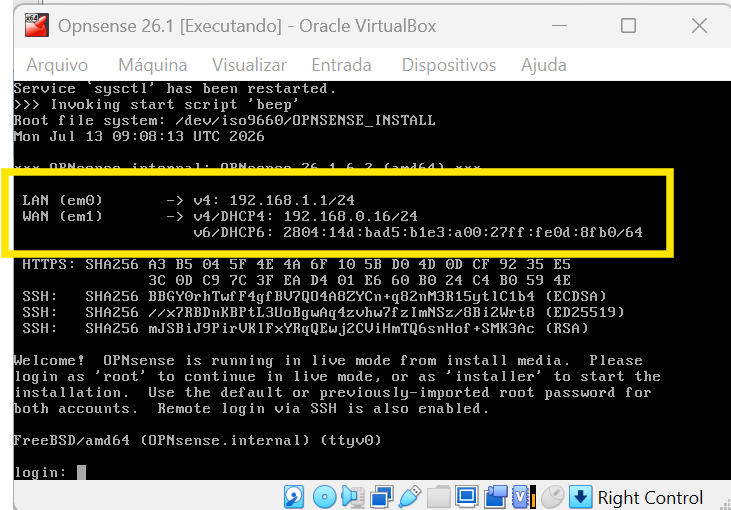 Tela de login via console do OPNsense
