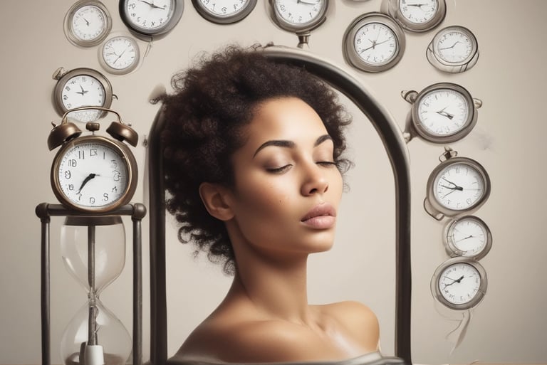 Portrait surréaliste d'une femme entourée d'horloges, symbolisant la gestion du temps et la sérénité