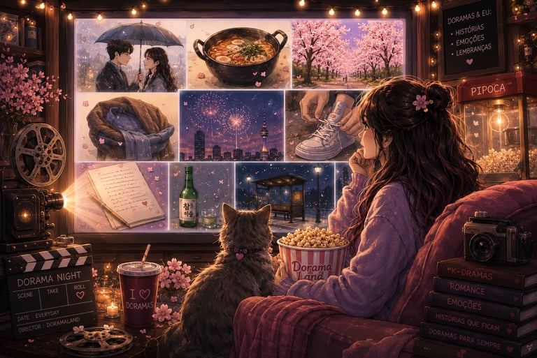 Cozy anime girl watching K-drama scenes with her cat, featuring ramen, cherry blossoms, and popcorn.