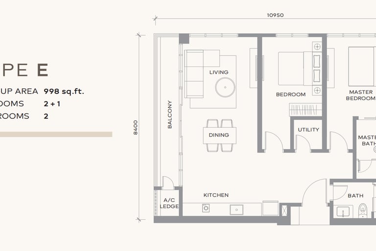 Type E 2+1 bedroom apartment floor plan with 998 sq.ft. layout including a balcony and master suite.
