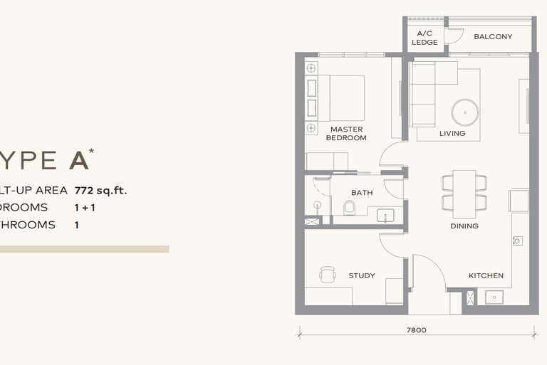 Type A floor plan for a 772 sq ft apartment featuring 1 plus 1 bedrooms, a study, and balcony.