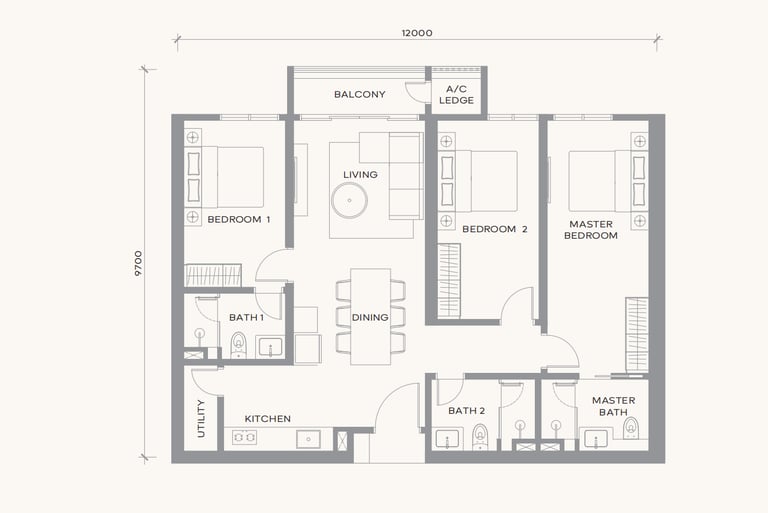 Detailed 3-bedroom apartment floor plan showing master suite, living area, kitchen, and balcony layout.