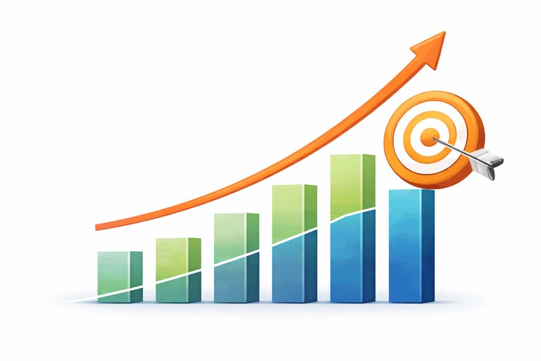Business growth chart with upward trend and target representing increased results