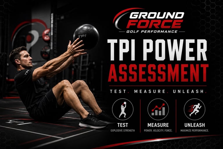 A male athlete performs a seated medicine ball throw for a TPI Power Assessment at Ground Force Golf Performance.