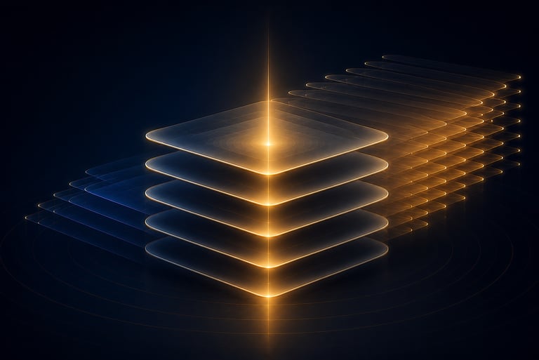 Abstract glowing layers representing capability architecture and systems infrastructure.