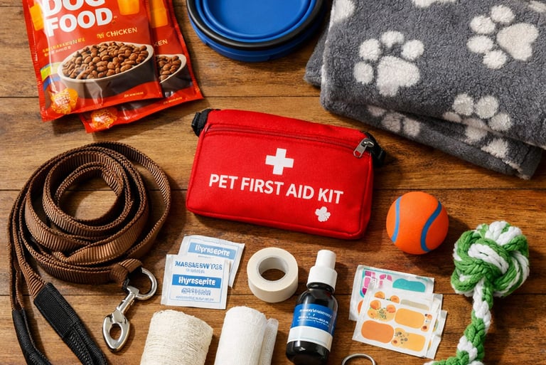 Emergency pet first aid kit with dog food, leash, blanket, and medical supplies on a wooden surface.