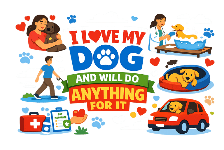 Illustration of pet care activities featuring dog grooming, walking, and veterinary checkups.