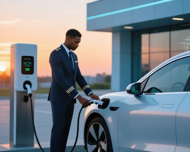 Convoyeur branchant une voiture électrique sur une borne de recharge rapide lors d'une livraison