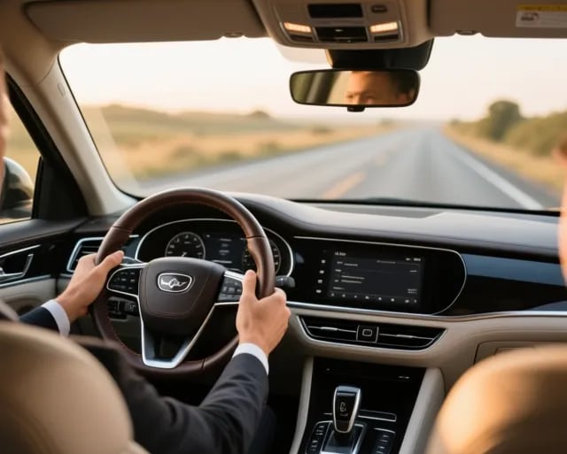 Vue depuis l'habitacle montrant les mains d'un chauffeur sur le volant, conduite sécurisée.