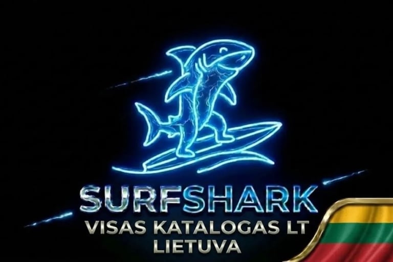 Futuristinis ryklys ant neoninės banglentės, Surfshark logotipas ir Lietuvos vėliava novatoriškam saugumui.