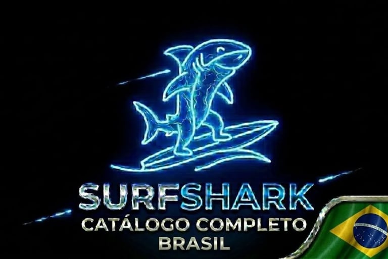 Tubarão futurista em prancha neon, logo Surfshark e bandeira Brasil para segurança inovadora.
