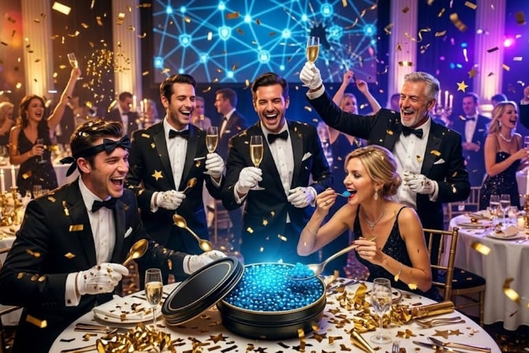 A wild gala celebration waiters laughing, bow ties on foreheads, golden confetti, guests eating glowing neon blue caviar.