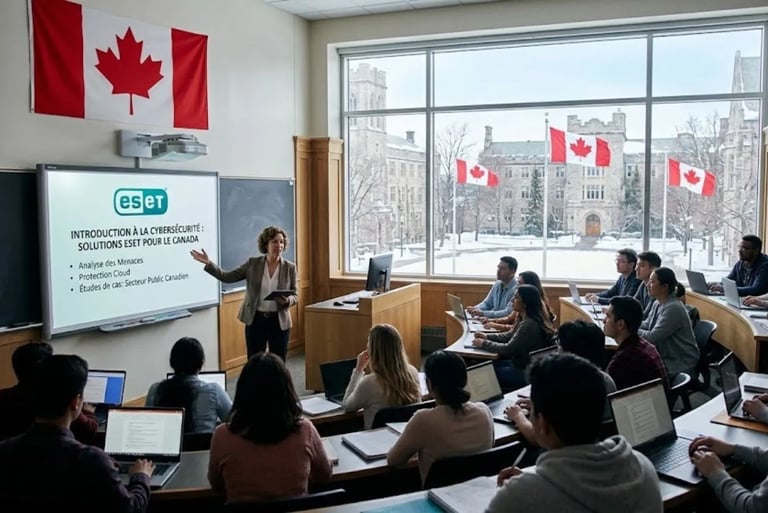 Professor teaching ESET cybersecurity in a Canadian university classroom with Canada flags.