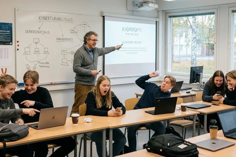 Kyberturvallisuus kurssi Suomessa opettaja ja opiskelijat luokkahuoneessa.