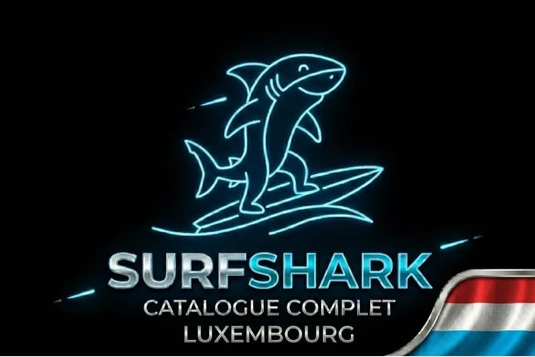 Requin futuriste sur surf néon, logo Surfshark et drapeau Luxembourg pour une sécurité innovante.