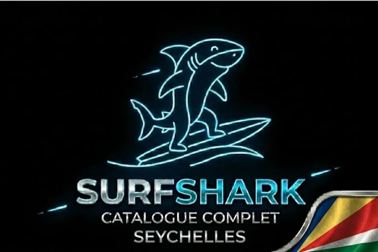 Requin futuriste sur surf néon, logo Surfshark et drapeau Seychelles pour une sécurité innovante