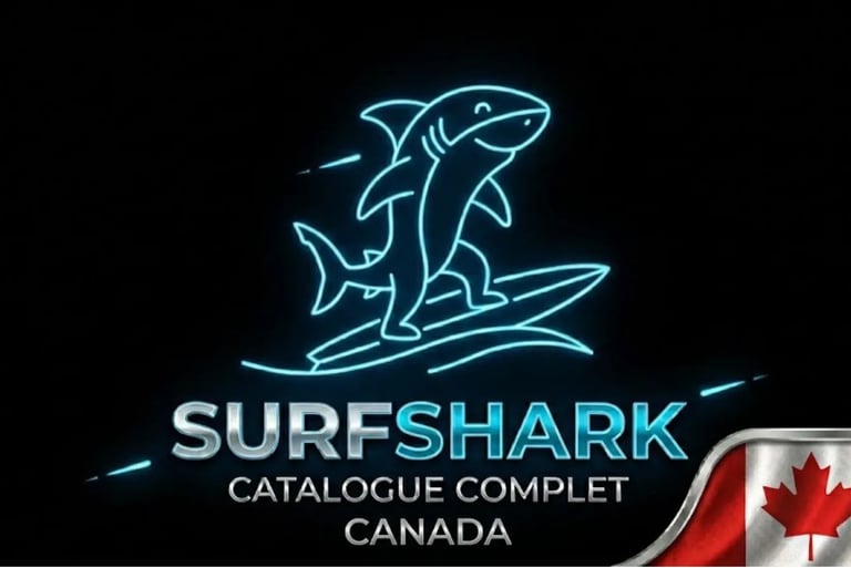 Requin futuriste sur surf néon, logo Surfshark et drapeau Canada pour une sécurité innovante