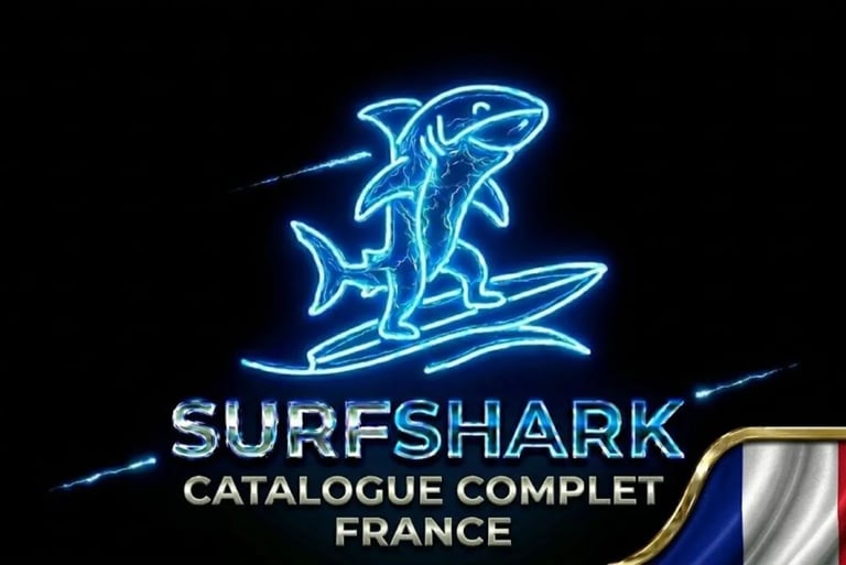 Requin futuriste sur surf néon, logo Surfshark et drapeau France pour une sécurité innovante.
