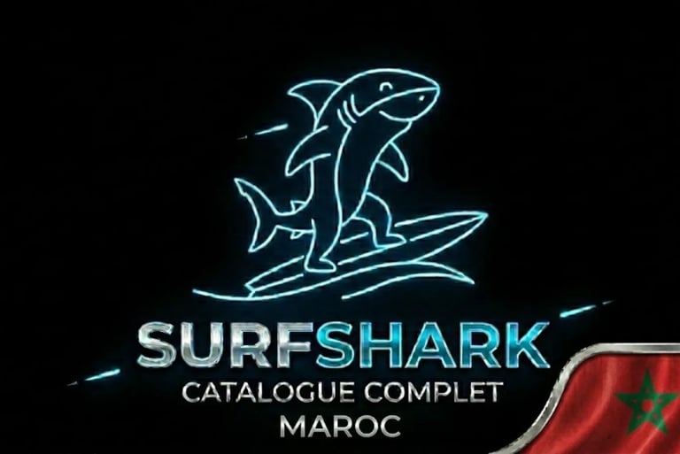 Requin futuriste sur surf néon, logo Surfshark et drapeau Maroc pour une sécurité innovante
