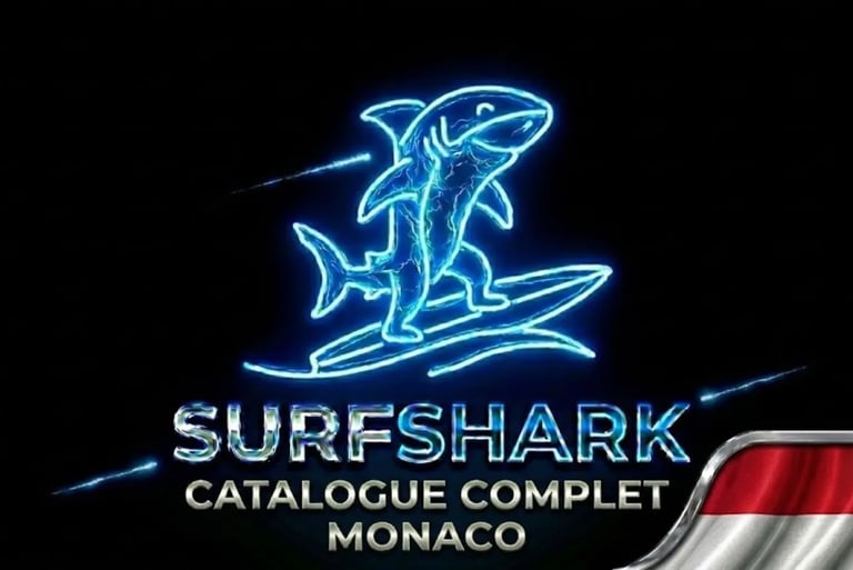 Requin futuriste sur surf néon, logo Surfshark et drapeau Monaco pour une sécurité innovante