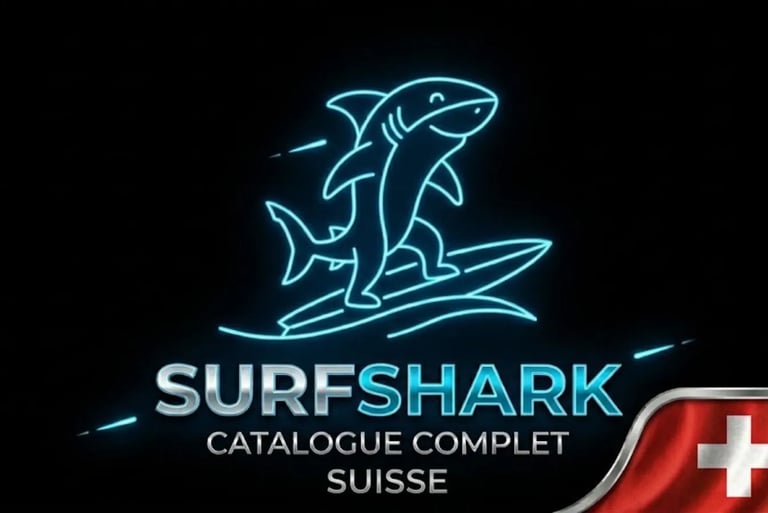 Requin futuriste sur surf néon, logo Surfshark et drapeau Suisse pour une sécurité innovante.