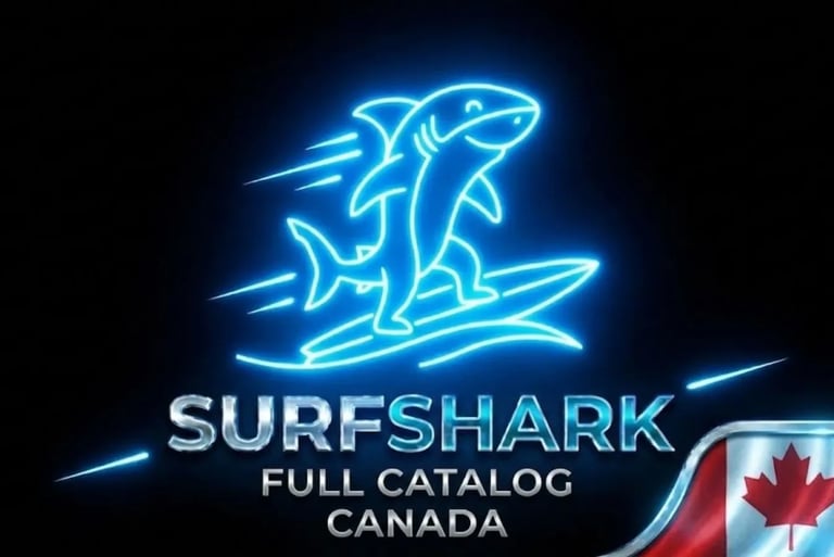 Futuristic shark on neon surfboard, Surfshark logo and Canada flag for innovative security."