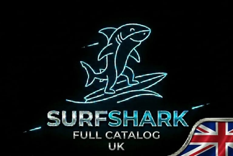 "Futuristic shark on neon surfboard, Surfshark logo and UK flag for innovative security