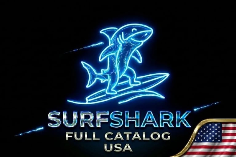Futuristic shark on neon surfboard, Surfshark logo and USA flag for innovative security.
