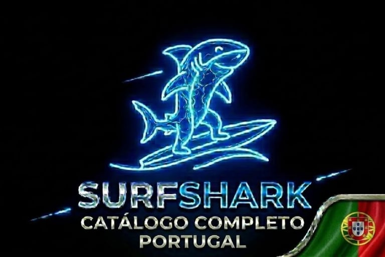 Tubarão futurista em prancha neon, logo Surfshark e bandeira Portugal para segurança inovadora