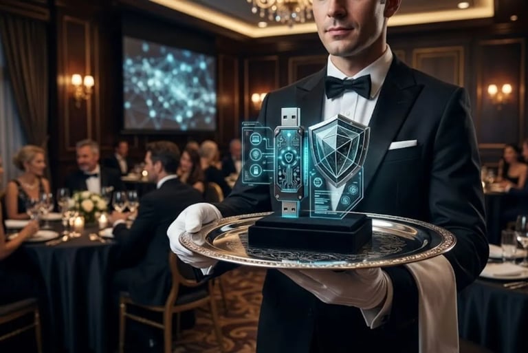 A waiter in white gloves serving a digital protection tray with glowing blue neon cyber caviar in a luxury setting.